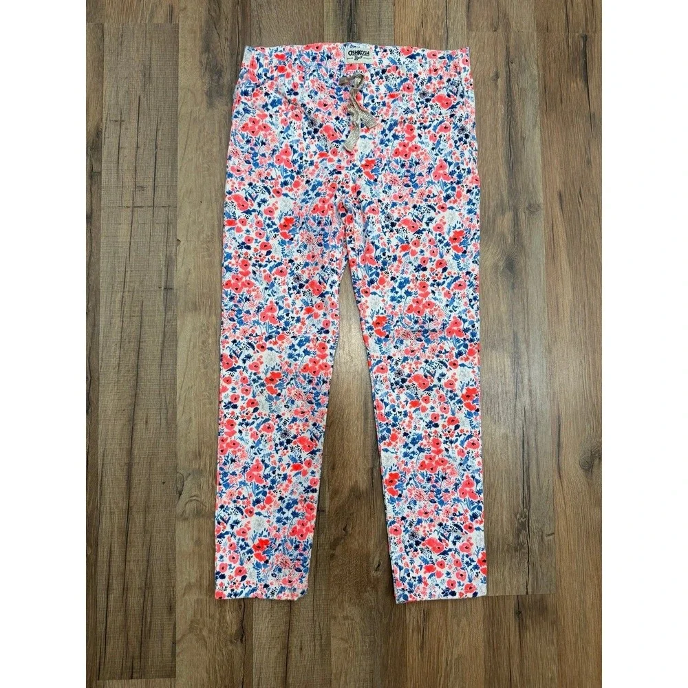 OshKosh B'gosh Girls Floral Skinny Pants Size 7 Cotton Stretch Pink Blue Pockets